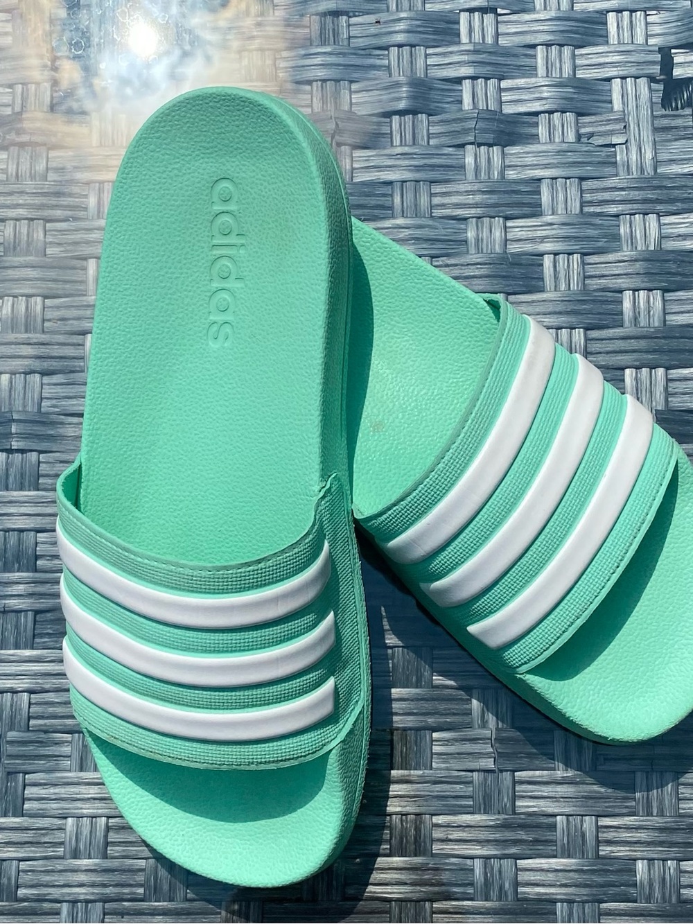 adidas Women's Mint Green Slide Sandals with White Stripes